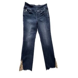 Belle by Kim Gravel Dark Wash Leopard Hem Studded Pull On Jeans Womens 4